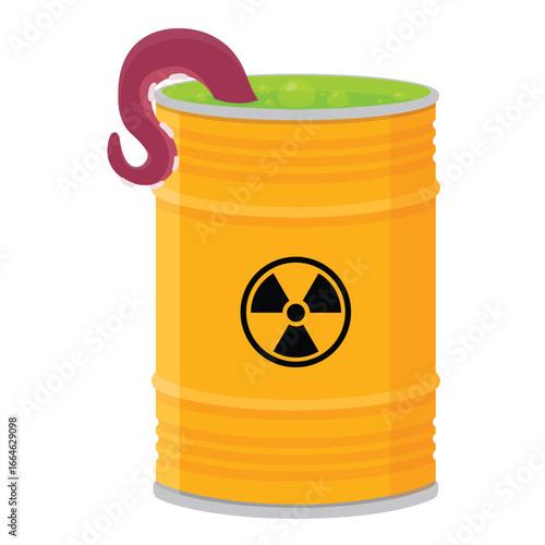 Yellow metal barrel with radioactive waste and octopus tentacle