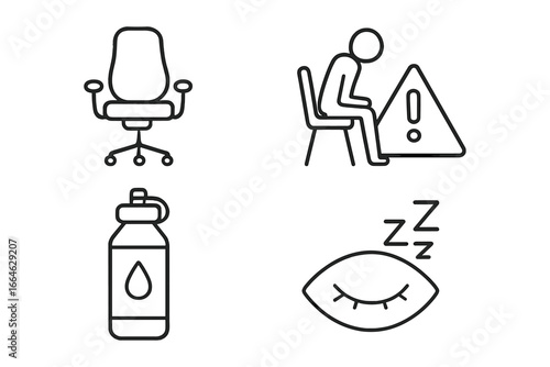 Health and ergonomics outline icon set. Office syndrome, bad posture alert, ergonomic chair, hydration, eye rest. Work safety, wellness vector illustration symbols.