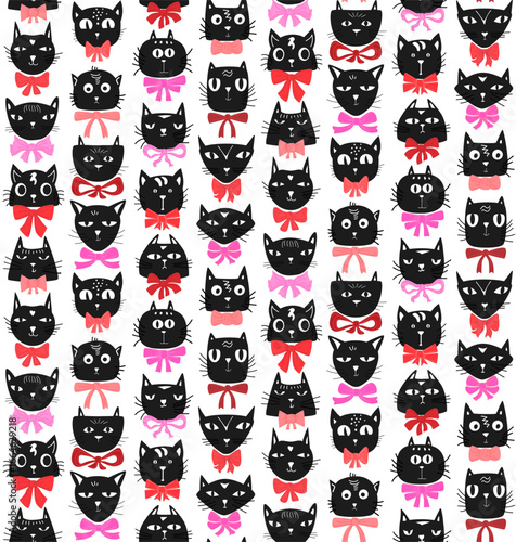 cute fun adorable black cats faces and pink red bows on transparent background seamless pattern, vector illustration repeat design print