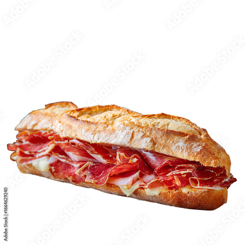 Juicy Serrano Ham Bocadillo Sandwich Close Up Isolated on White
