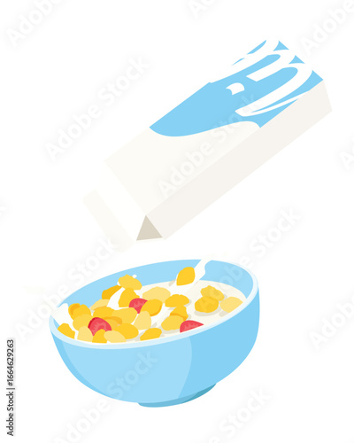 Breakfast cereal in bowl and milk carton package. Crispy corn flakes with milk and strawberries