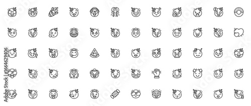 Party Emojis icon set. Expressive emoji vector collection. Includes Starstruck, Crazy, Happy, Drunk, Angry, Kiss, Cool, Pizza, Music, Party and more. Editable illustration.