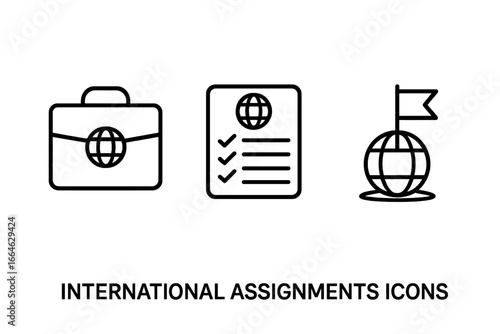 International assignments icon set. Global business project outline symbols. Includes work briefcase, assignment checklist, and world milestone flag. Vector line art illustration.