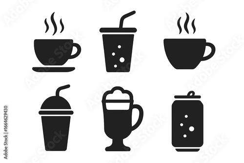 Drink icon set. Solid glyph silhouette style vector symbols. Hot coffee cup, tea, soda, smoothie, latte, cappuccino, and cold beverage collection for cafe restaurant menu.