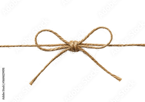 Perfectly crafted single brown jute twine bow knot, meticulously tied with intricate individual fibres, on pristine transparent studio background, soft lighting, copy space, concept of natural