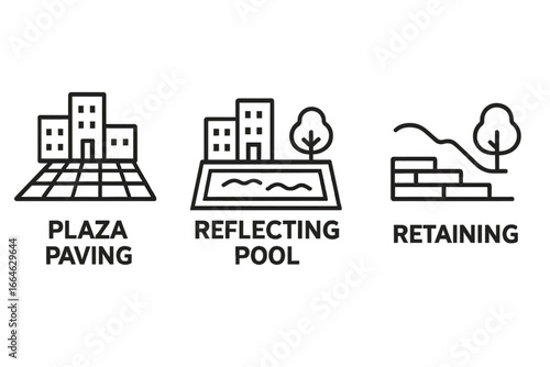 Landscape architecture icon set. Urban design and city planning vector icons. Line art of plaza paving, reflecting pool, retaining wall. Hardscape and building integration.