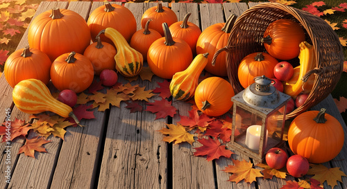 Pameran panen musim gugur yang meriah dengan labu, labu siam, apel, dan dedaunan musim gugur yang memancarkan kehangatan dan pesona musiman untuk perayaan Thanksgiving atau Halloween