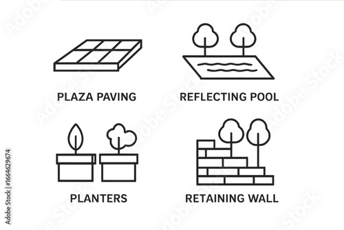 Landscape architecture outline icon set. Urban design elements for city park or garden. Plaza paving, reflecting pool, planters, and retaining wall vector symbols.
