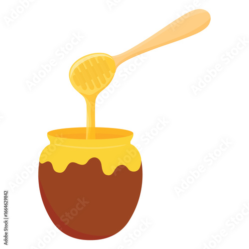 Honey pot with dripping honey from wooden dipper