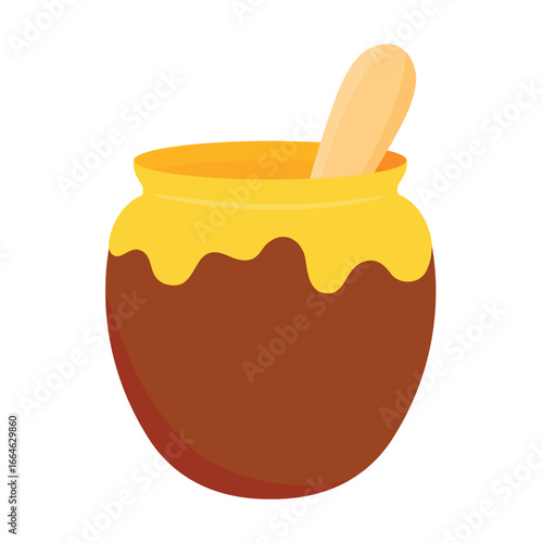 Honey pot with wooden dipper, isolated on white background
