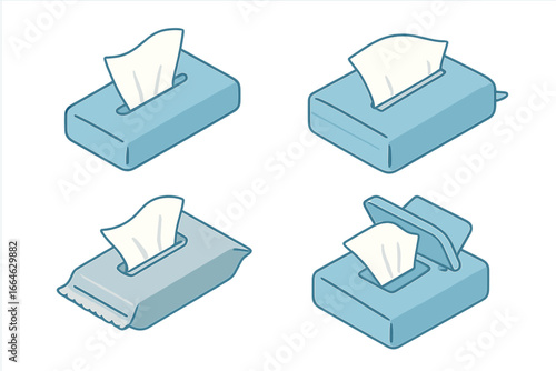 Isometric pocket tissue icon set. Vector collection of travel pouch, slim pack, foil pack, flip-top case. For personal hygiene, sanitary wipes, flu, cold, allergy concepts.