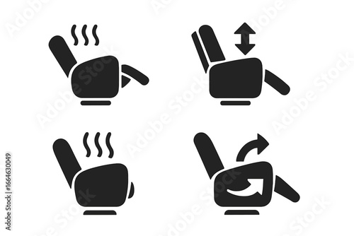 Recliner chair icons for comfort and adjustment. Vector symbol set for heated, power lift, and massage features. Ergonomic electric armchair functions for seating design.