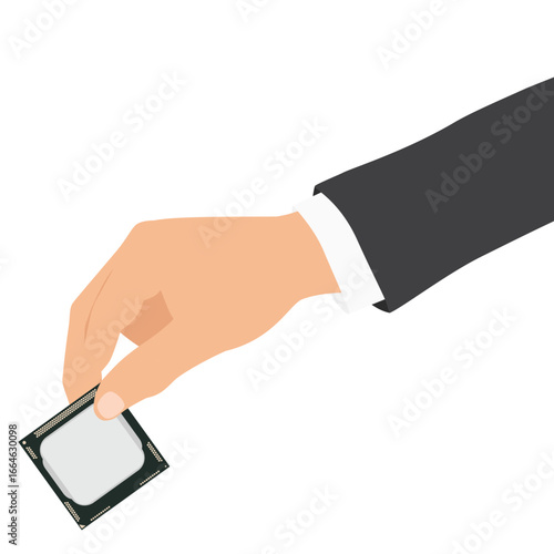 Businessman holding microprocessor chip CPU in hand, isolated on white background