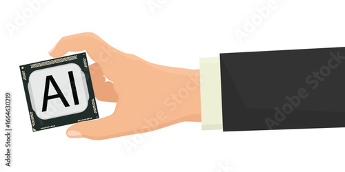 Businessman holding innovative and advanced AI accelerated microprocessor chip CPU in hand