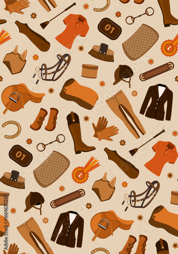 equestrian gear accessories tack seamless pattern in elegant beige brown colors, vector illustration repeat design print
