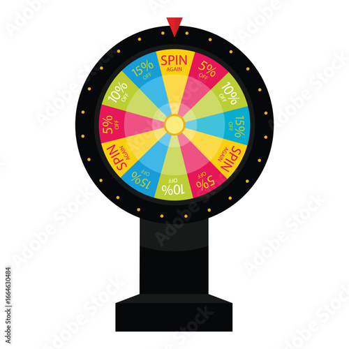Colorful wheel of fortune with pointer on spin again for lucky promotions with gift prize and sale discount