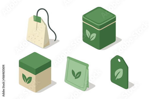 Tea packaging isometric icon set. Vector illustration of green tea product containers like tea bag, tin can, cardboard box, sachet pouch, and natural leaf label tag.