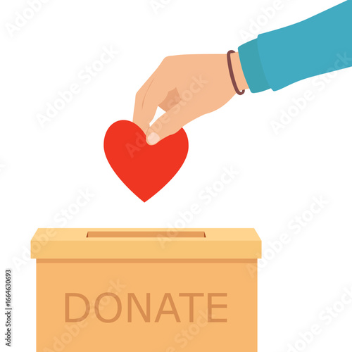 Donation box and charity concept. Hand putting red heart to donation box