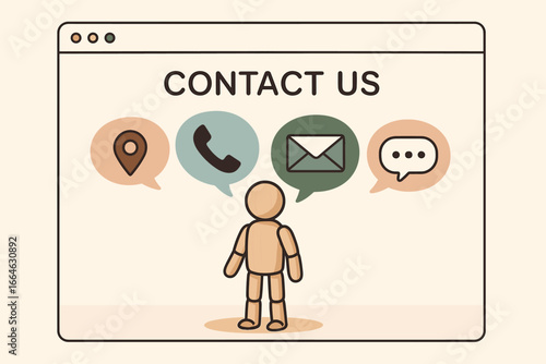 Website contact us page concept for customer service and support. Communication illustration with icons for address, telephone call, email marketing, and live online chat.