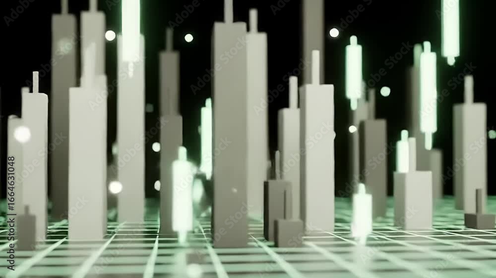 Dynamic futuristic city model with glowing elements and modern design, urban innovation video