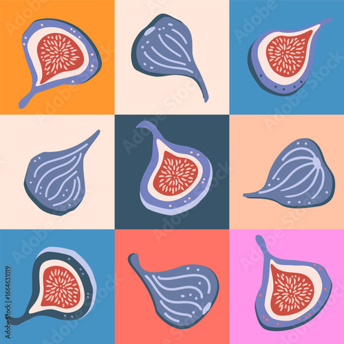 fig fruits in colorful checkers art print, vector illustration design