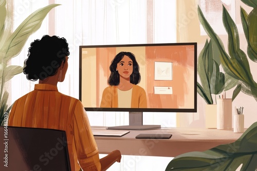 A woman conducts a virtual meeting from her home office, engaging in a video call.