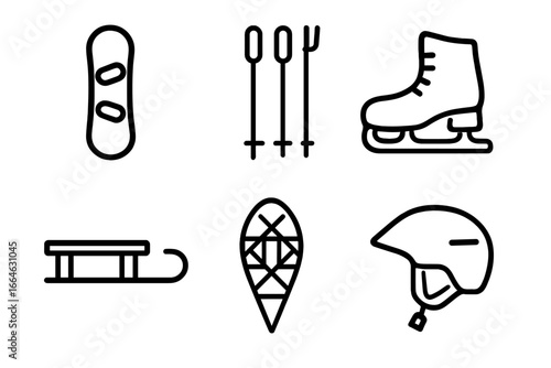 Winter sports equipment outline icon set. Vector collection of simple line art symbols for winter activities. Snowboard, ski poles, ice skate, sled, snowshoe, helmet.