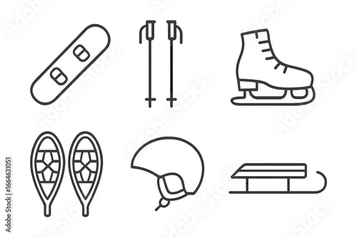 Winter sports icon set. Collection of linear icons for winter activities and recreation. Includes snowboard, ski poles, ice skates, sled, snowshoes, and helmet vector.