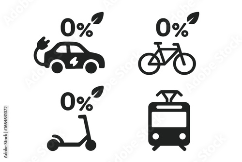Zero emissions transport icon set. Eco-friendly vehicles concept. Sustainable green energy mobility symbols for electric car, bicycle, scooter, and public transport tram.