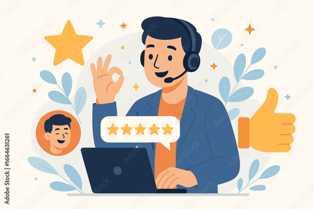 Customer Service Excellence Concept with Happy Support Agent, Five Star Rating, Positive Feedback, and Thumbs Up Symbol, Modern Flat Vector Cartoon Illustration Customer Service Excellence Concept with Happy Support Agent, Five Star Rating, Positive Feedback, and Thumbs Up Symbol, Modern Flat Vector Cartoon Illustration