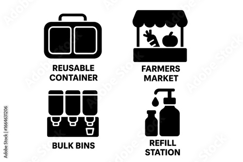 Zero waste solid icons set for sustainable living. Reusable container for eco shopping, farmers market for local food, bulk bins for package-free goods, and refill station.