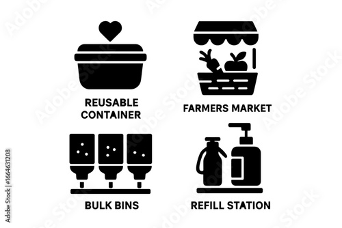 Zero waste solid icon set. Sustainable shopping, eco friendly lifestyle concepts. Reusable container, local farmers market, bulk food bins, product refill station glyphs.