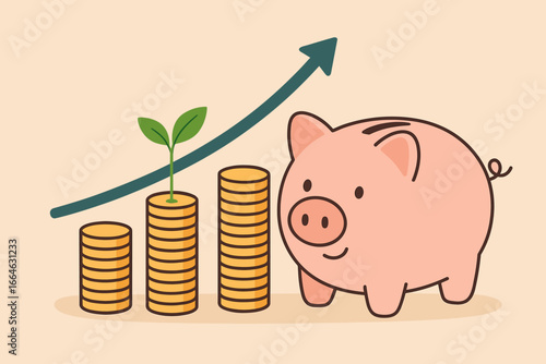 Business finance and saving money investment concept with growing money coin stack, piggy bank, upward growth graph, and plant sprout symbolizing financial growth and savings