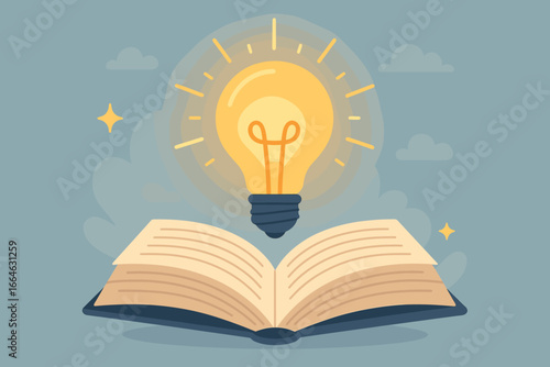 Illuminated Light Bulb Above Open Book, Symbolizing Inspiration, Innovation, Self-Learning, Education, Knowledge, and Business Growth Concept