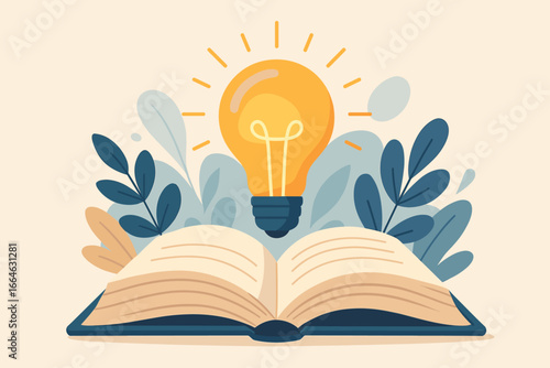 Glowing Light Bulb Above Open Book Concept of Inspiration, Innovation, Self-Learning, Knowledge, Education, Business Study, Creativity, Idea Generation, Modern Design