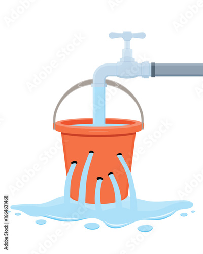 Running tap and bucket with holes. Vector illustration