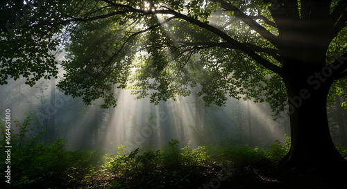 Pemandangan hutan yang mempesona dengan sinar matahari yang lembut menyaring melalui kanopi, menciptakan suasana hutan ajaib untuk ketenangan dan pelarian