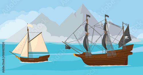 Pirate ship and corsair sailboat with pirate flag with skull