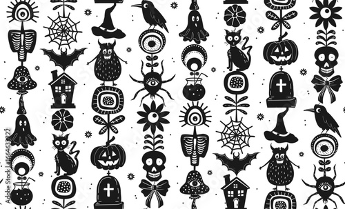 black and white block print hand drawn rustic halloween things seamless pattern, vector illustration spooky cute design print