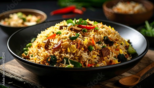 A generous bowl of savory Asian-style fried rice with fresh vegetables, egg, and mushrooms, presented in a dark ceramic dish