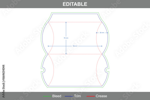 Custom pillow box dieline with printable dieline template, packaging box layout, folding carton pillow box design, and professional packaging dieline for retail and gift use