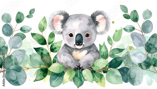Adorable koala nestled amongst lush eucalyptus leaves, watercolor style