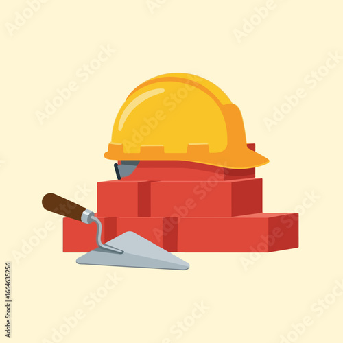 An illustration features a yellow hard hat, a silver trowel with a brown handle, and a stack of red bricks, all against a soft yellow background.