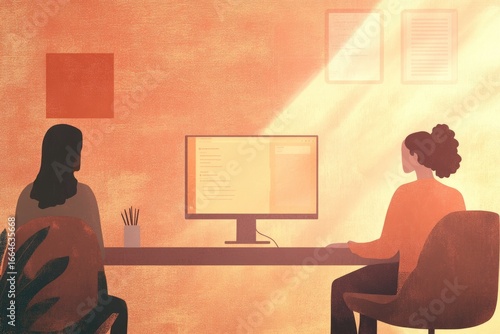 Two women sit back-to-back at a desk, working on a computer in a sunlit office.
