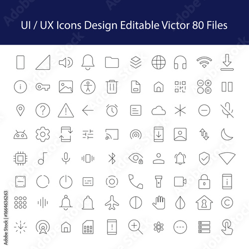 UI UX icons design elements set: A comprehensive collection of UI/UX icons, meticulously crafted in a clean, modern style, offers a wealth of design elements.
