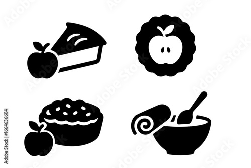 Apple desserts solid glyph icon set. Vector symbols collection of baked goods like apple pie slice, fruit tart, crumble, and baking process with mixing bowl and dough.