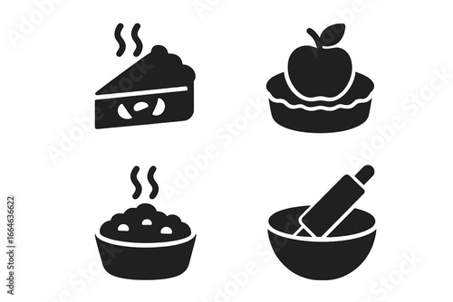 Apple desserts solid icon set. Vector glyph symbols of baking goods. Slice of pie, fresh tart, hot crumble and mixing bowl with rolling pin. Food and cooking concept pictogram.