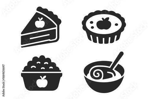 Apple desserts glyph icon set. Solid vector symbols of baked goods. Includes apple pie slice, tart, crumble, and sauce. Food, pastry, and bakery concept for graphic design.
