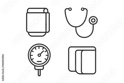 Blood pressure icons set for medical design. Outline vector symbols of sphygmomanometer, stethoscope, pressure gauge, and cuff for cardiology and healthcare applications.