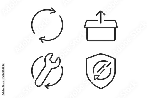 Circular economy outline icon set. Vector symbols for sustainable business models. Icons for recycle, reuse, repair, refurbish, and take-back concepts for eco friendly process.